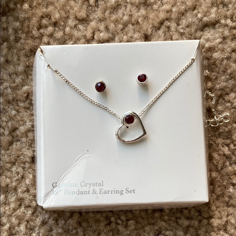 Genuine Crystal Heart Pendant & Earring Set - Silver and Red